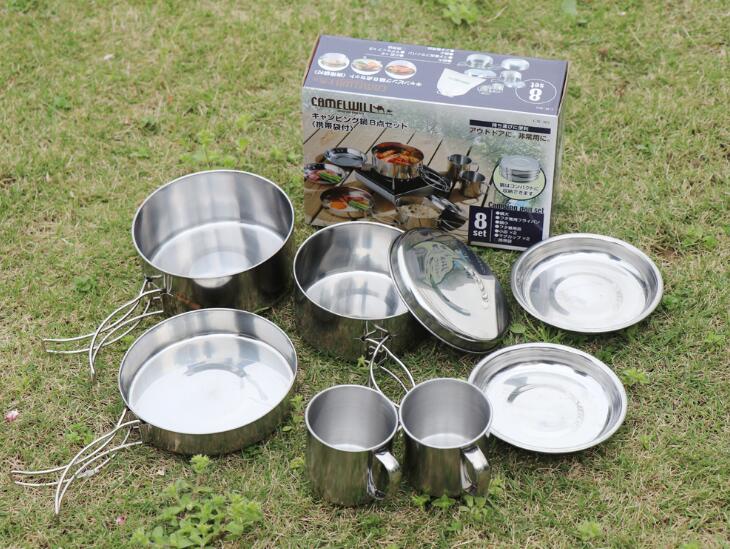 Mayitr 8Pcs Stainless Steel Outdoor Camping Picnic Pot Pan Kit Camping Hiking Cookware Set High quality