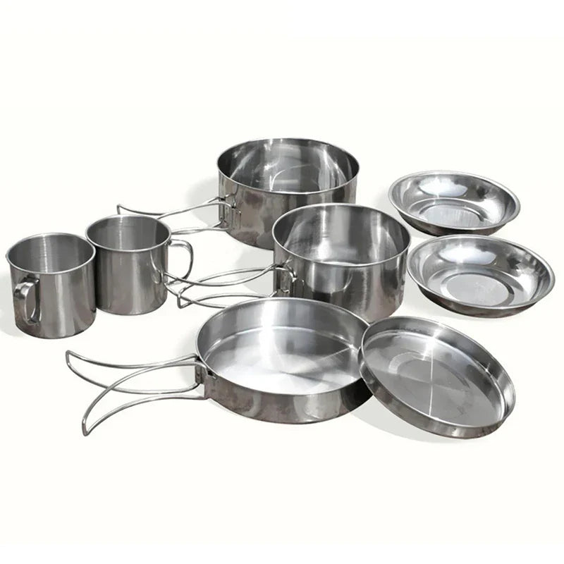 Mayitr 8Pcs Stainless Steel Outdoor Camping Picnic Pot Pan Kit Camping Hiking Cookware Set High quality