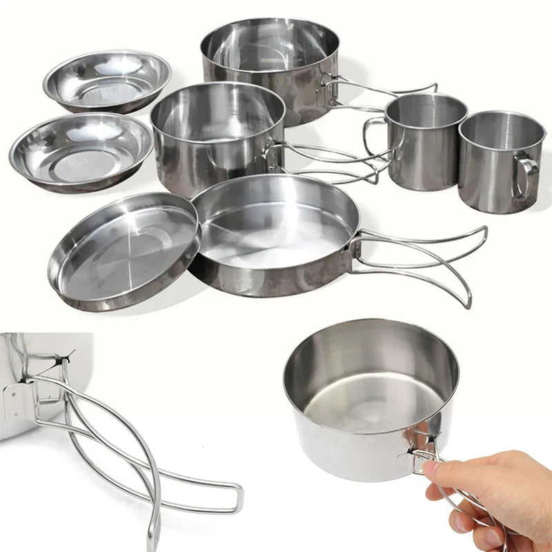Mayitr 8Pcs Stainless Steel Outdoor Camping Picnic Pot Pan Kit Camping Hiking Cookware Set High quality